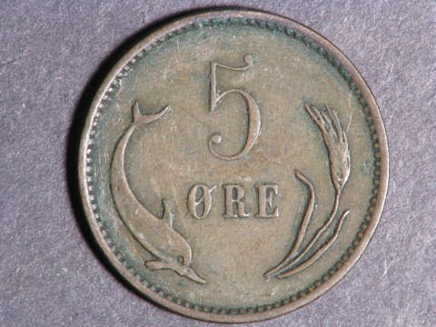 Rare 1906 Denmark 5 ore,VF,dolphin