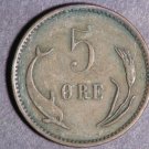 Rare 1906 Denmark 5 ore,VF,dolphin