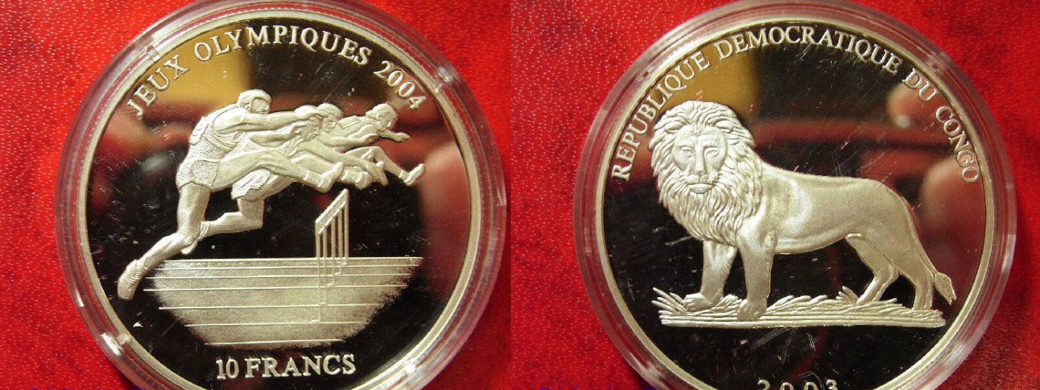 2003 Congo LargeProof Silver 10 Fr Olympic Hurdles/Lion