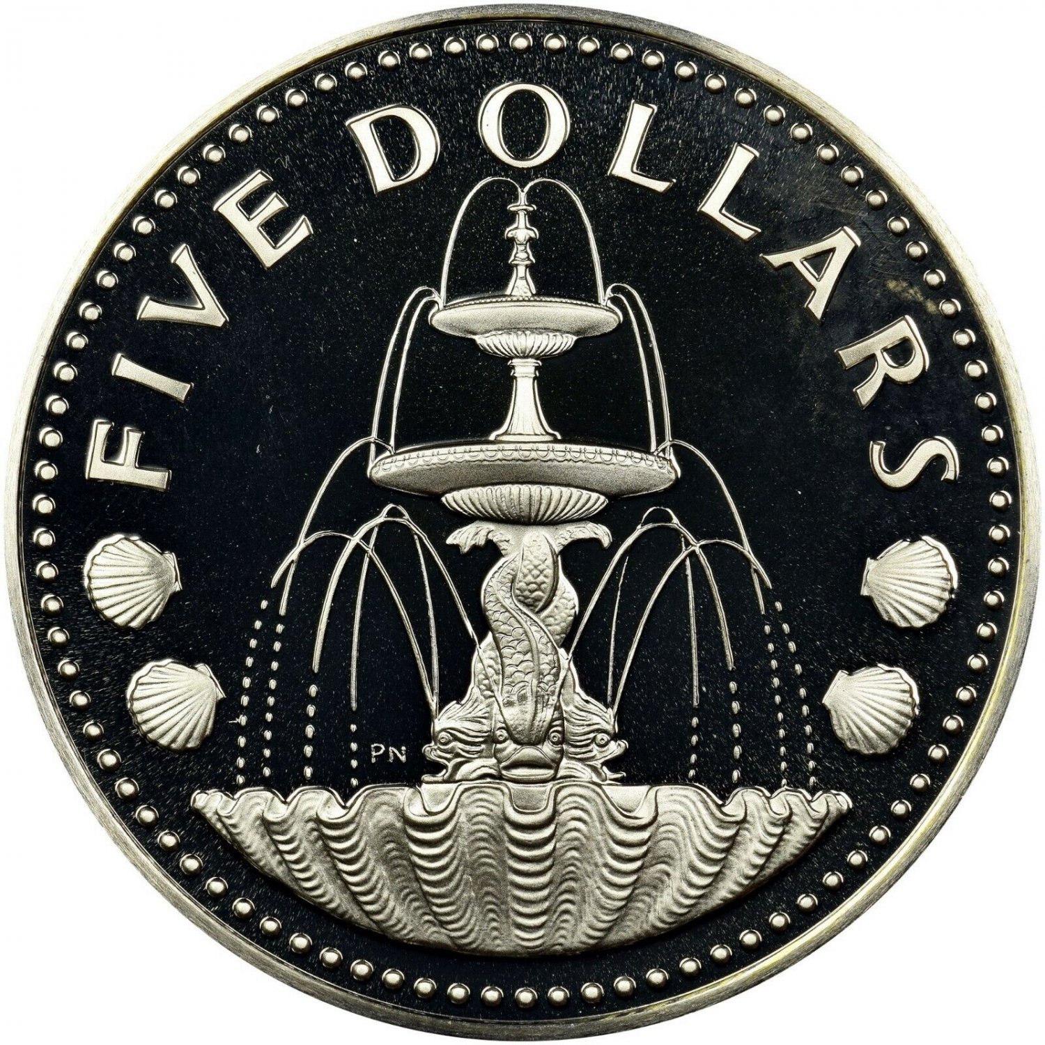 1974 Barbados Large  Silver Proof $5-Shell Fountain