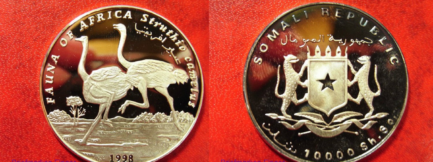 1998 Somalia Large Silver Proof  10000 sh Ostrich