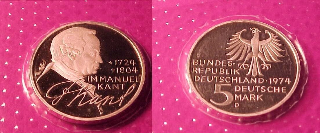 1974 Germany Silver Proof  5 Marks  Immanuel Kant