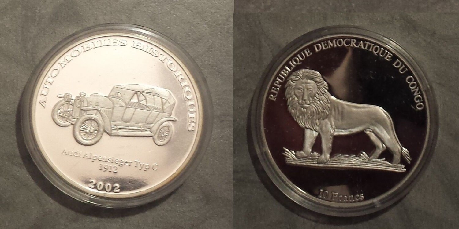 2002 Congo Large Silver Proof 10 Francs-Auto History-Audi 1912/Lion