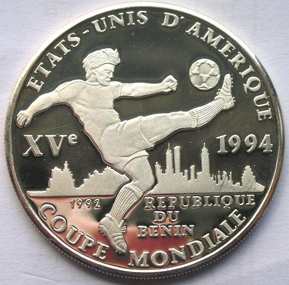 1992 Benin Large Silver  Proof 1000 fr World Cup Soccer USA 1994