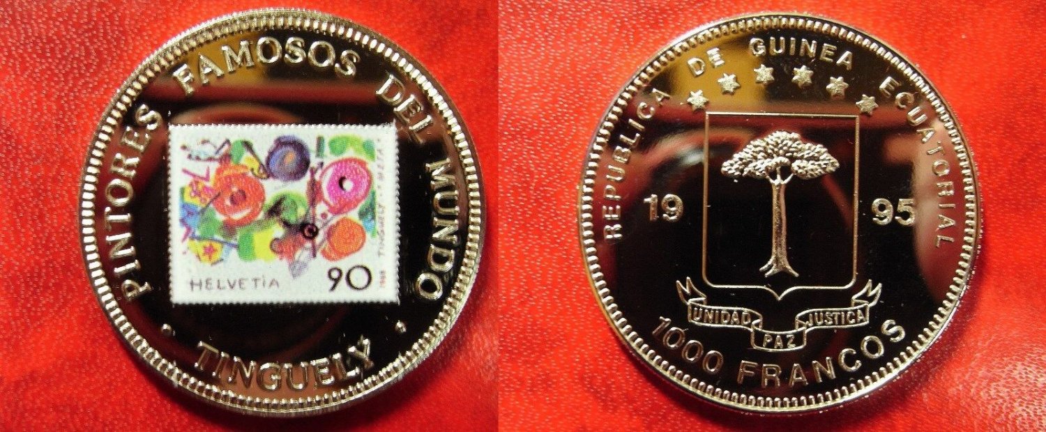 1995 Equatorial Guinea Large Proof 1000 Fr Tinguely-Painting-flowers
