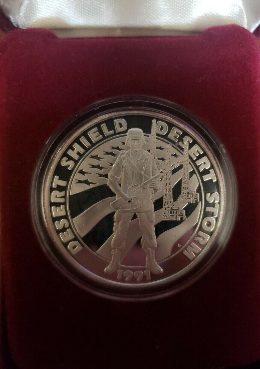 1991 USA Large 1 OZ Silver Proof Medal  Desert Storm/Liberation of Kuwait- Boxed