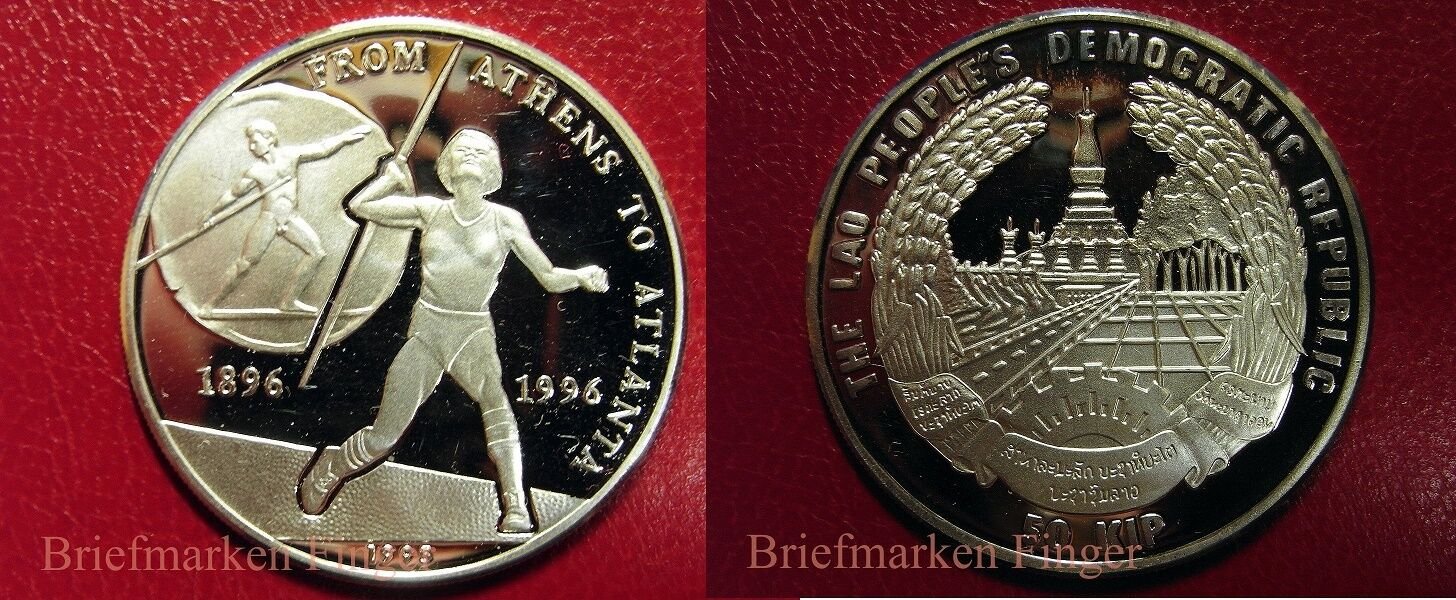1995 Laos Large Proof Silver 50 Kip Atlanta Olympic Javelin
