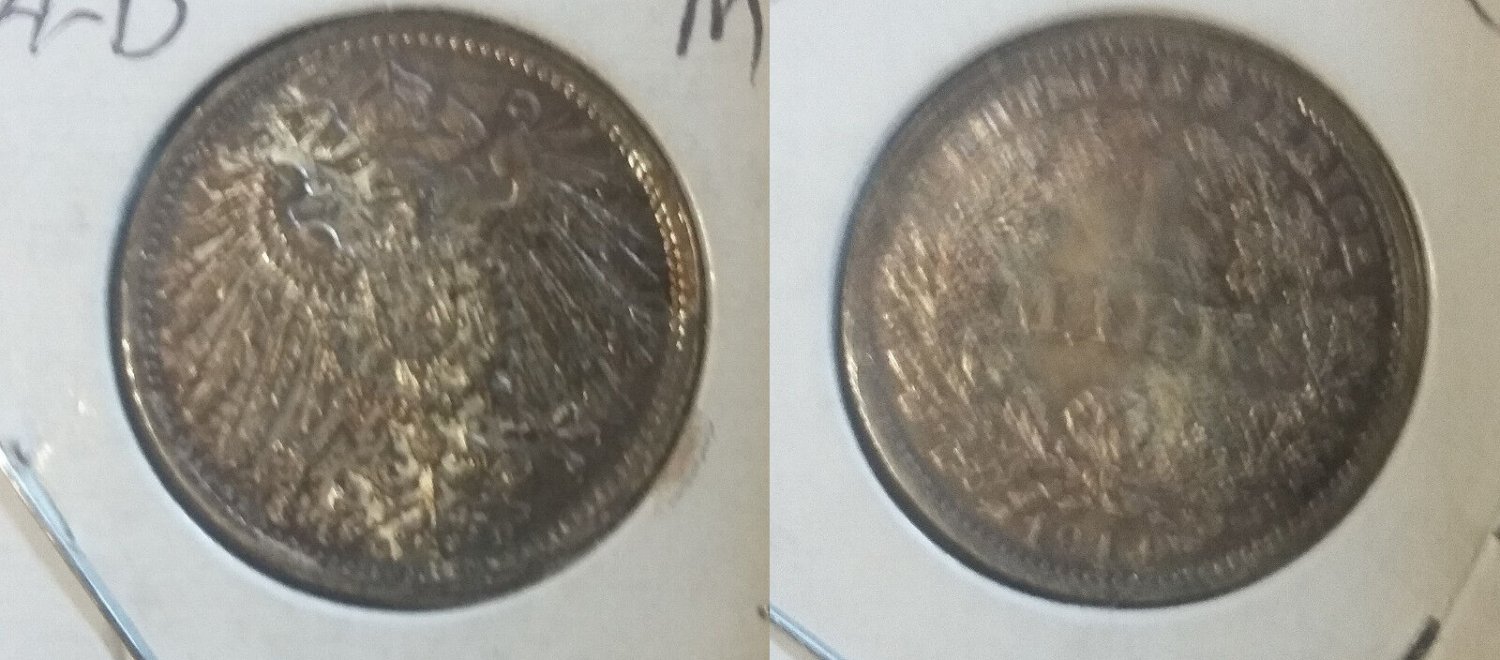 1914 D Germany Silver 1 Mark- WWI start- UNC, nice toning  #2