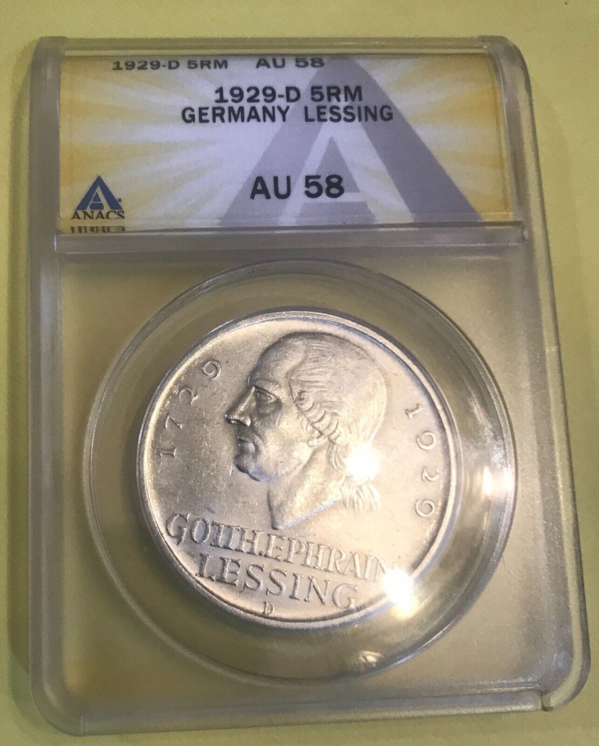 Rare 1929 D  Germany Large Silver 5 marks-Lessing ANACS AU-58