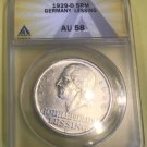 Rare 1929 D  Germany Large Silver 5 marks-Lessing ANACS AU-58
