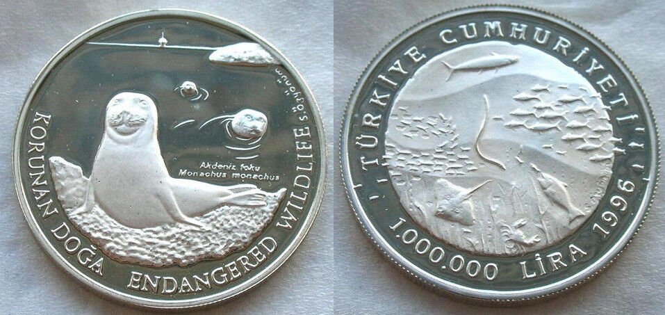 1996 Turkey Large Silver Proof 1000000 lira Seal/Fish