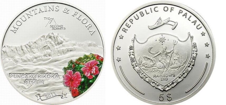 2011 Palau Large  Proof Color Silver $5 Flowers/Mount PUNCAK TRIKORA