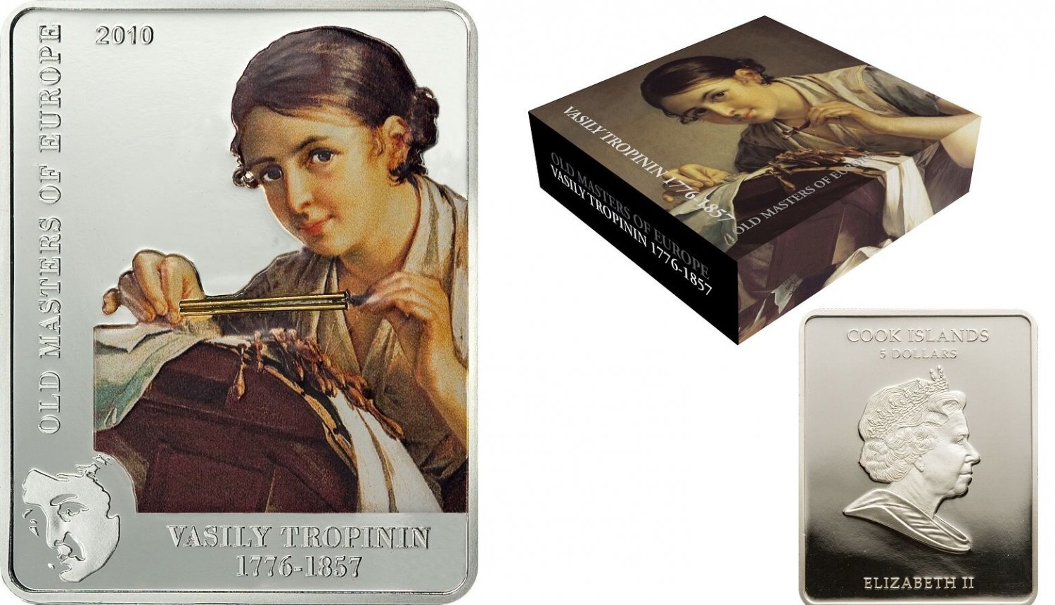 2010 Cook Is Large Silver Color Proof $5-Great Painters-Tropinin-Russia Nice Box