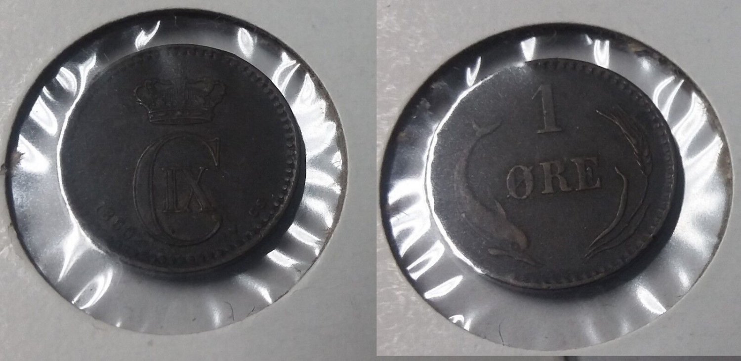 Scarce 1880 Denmark 1 ore-Dolphin/Wheat