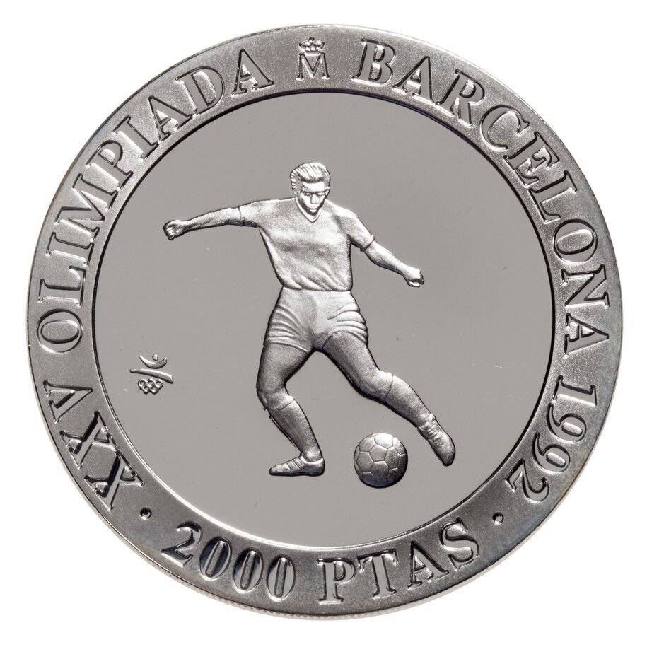 1990 Spain Large  silver Proof 2000 Pesetas-Ancient Olympic Soccer(Football)