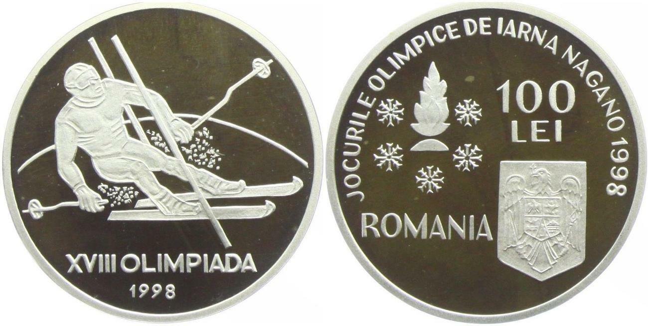 1998 Romania Large Silver Proof  100 Lei  Olympic Slalom