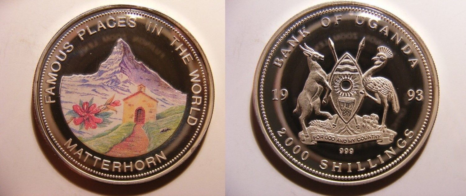 1993 Uganda Large Silver Proof Color 2000 Sh Mountain Matterhorn/Flower