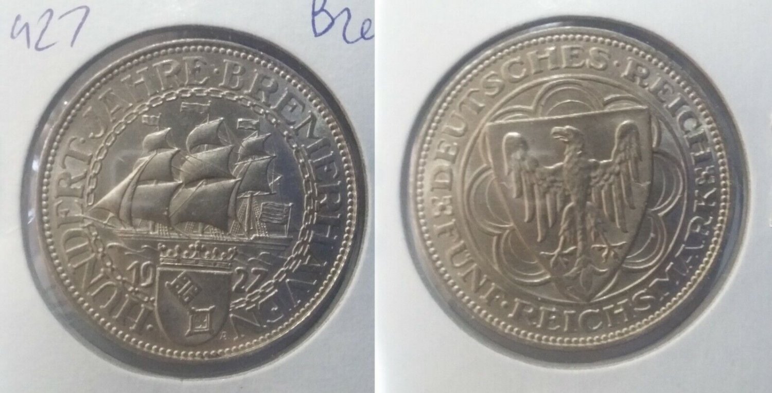 Rare 1927  Germany Large Silver 5 marks-Bremerhaven- Nice