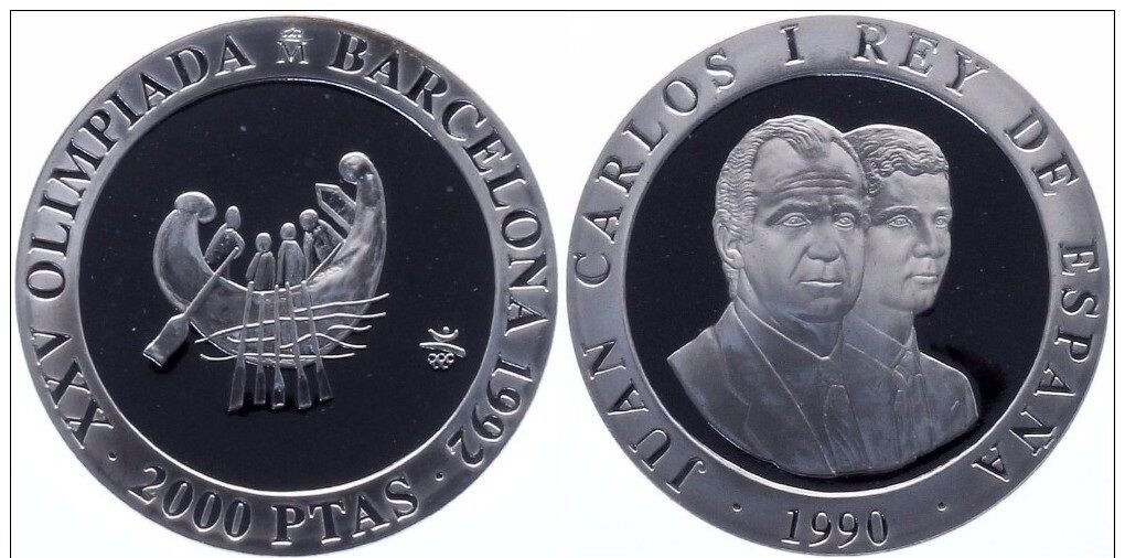 1990 Spain Large  silver Proof 2000 Pesetas-Ancient Olympic Rowing
