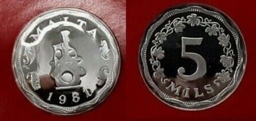 Rare 1981 Malta Proof Scalloped 5 Mils, Earthen lampstand