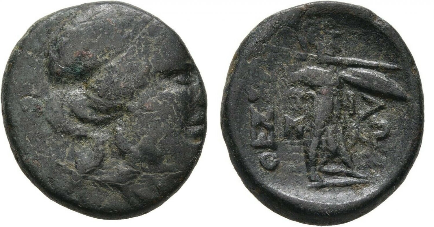 Ancient Greece 2 cent  BC THESSALY LEAGUE APOLLO ATHENA ITONIA AE #5
