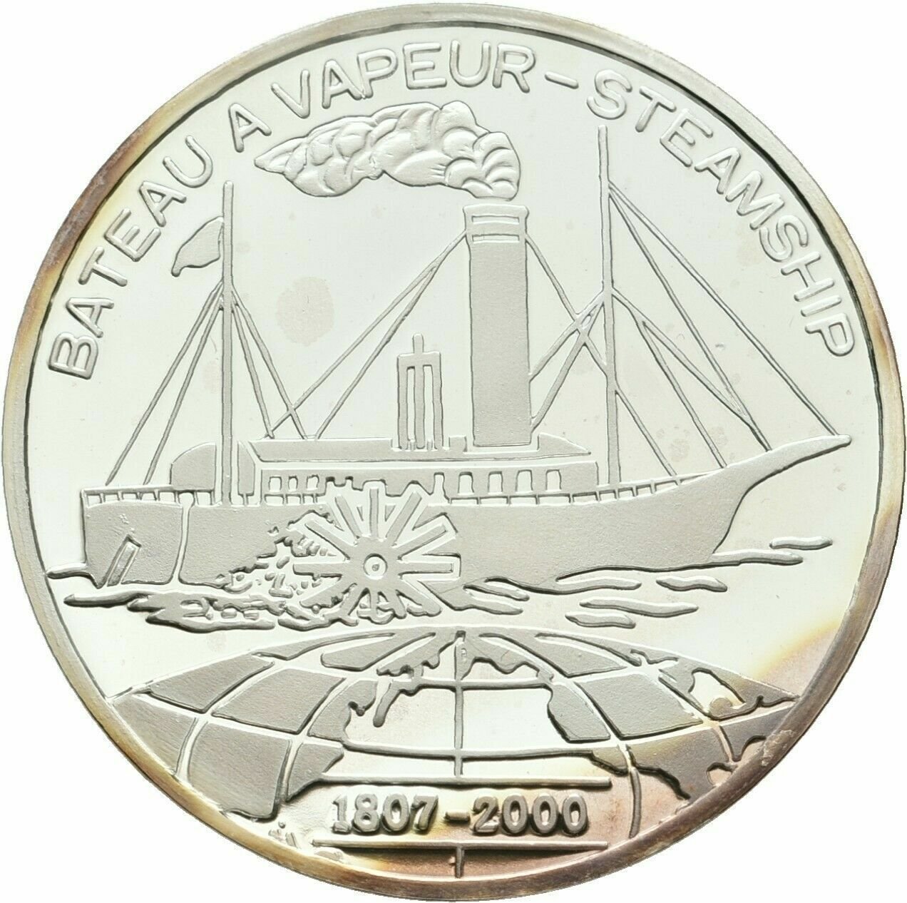 2000 Benin Large Silver  Proof 1000 fr  Invention- Steam Ship-toned