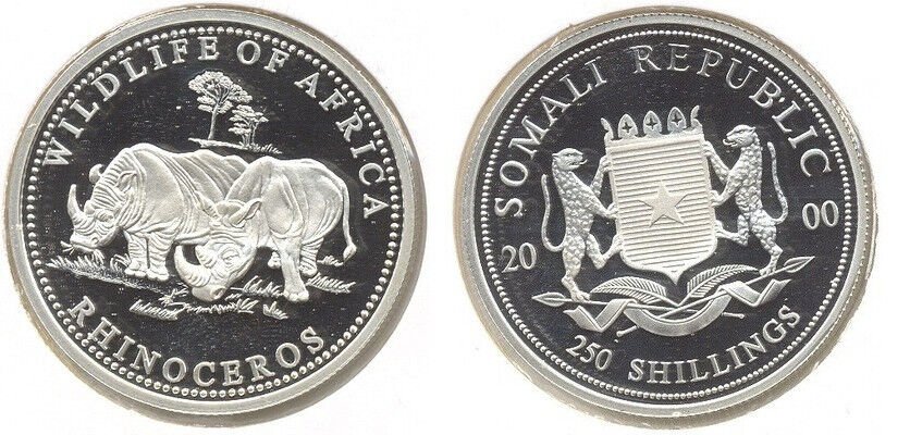 2000 Somalia Large Silver Proof  250 sh-Rhinocerus