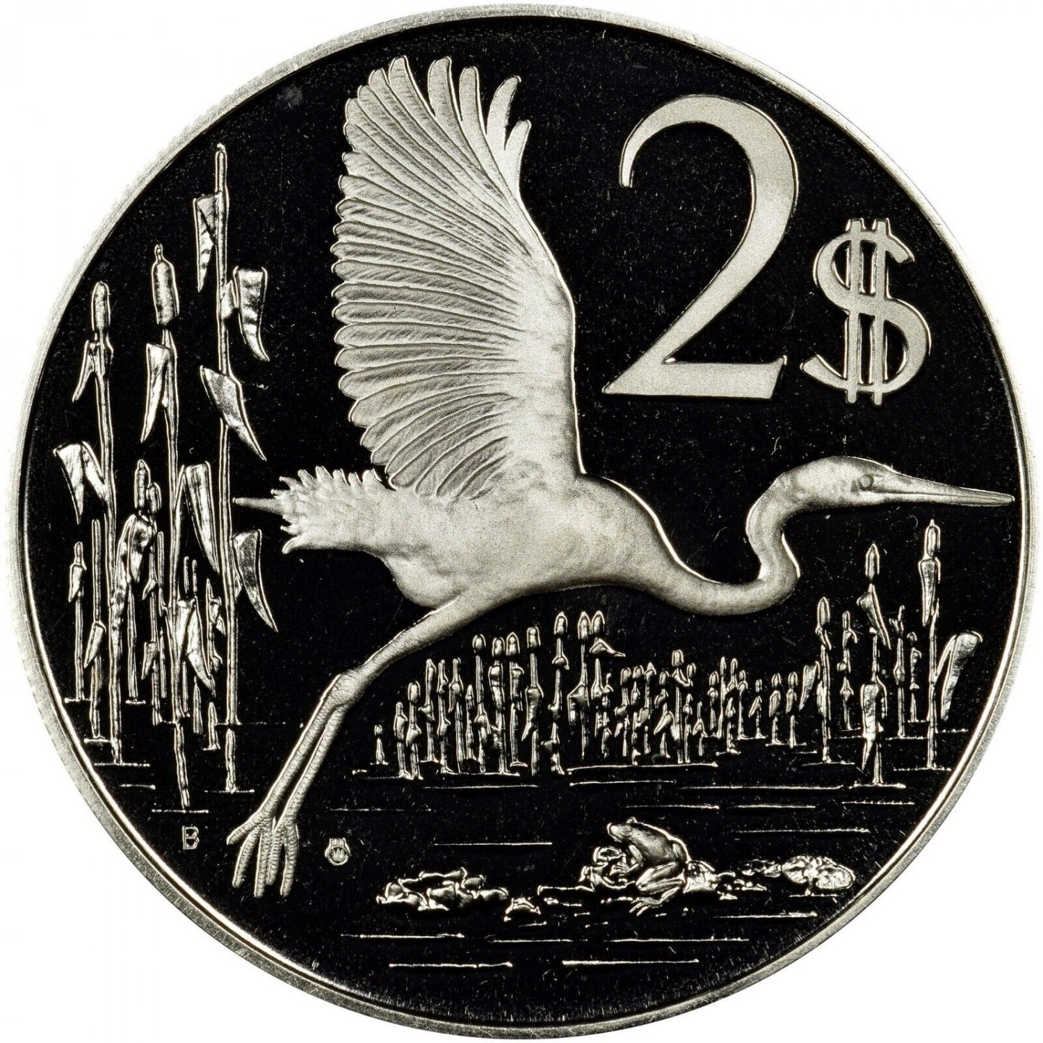 1975 Cayman Is Large Silver Proof $2 Blue Heron bird