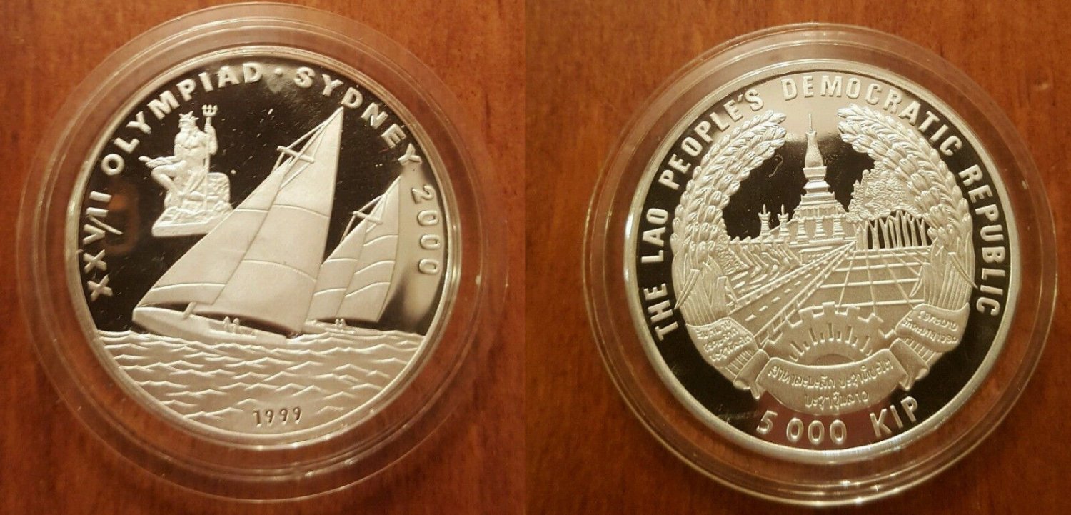 1999 Laos Large Silver Proof  5000 Kip Sydney Olympics-Sailing