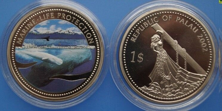 2002 Palau Large Proof Color  $1 Beluga/Bare Breasted Mermaid
