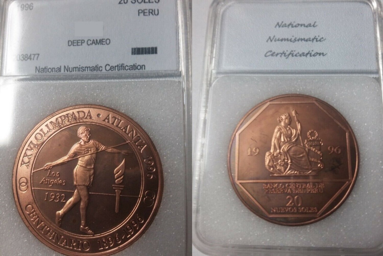 Rare 1996 Peru Large Copper pattern 20 S Olympic Javelin T1, slabbed