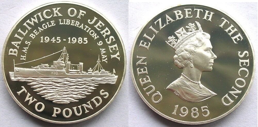 Jersey 1985  Large Silver Proof 2 Pounds Beagle Ship-WWII liberation