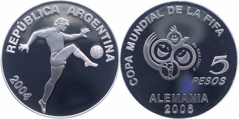 2004 Argentina Large Proof Silver 5 peso World Cup soccer
