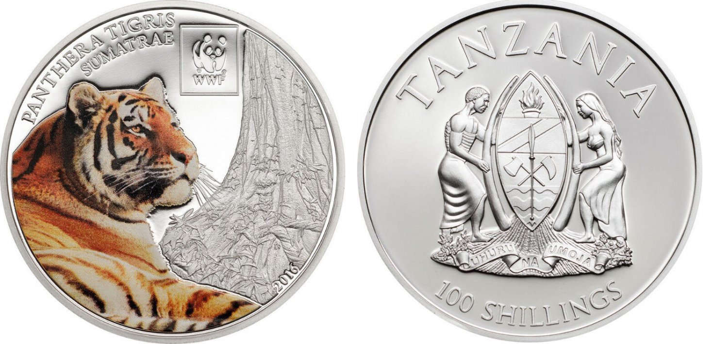 2016 Tanzania Large Proof 100 Sh- Sumatran Tiger