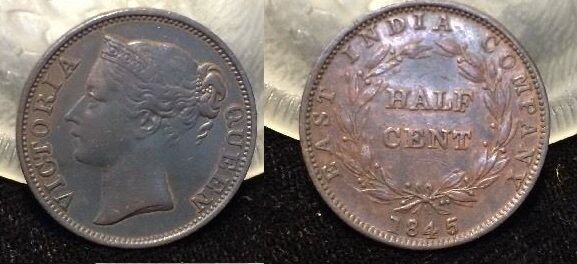Rare 1845 WW Straits Settlements East India Company 1/2 Cent-Nice(Krause XF-$200