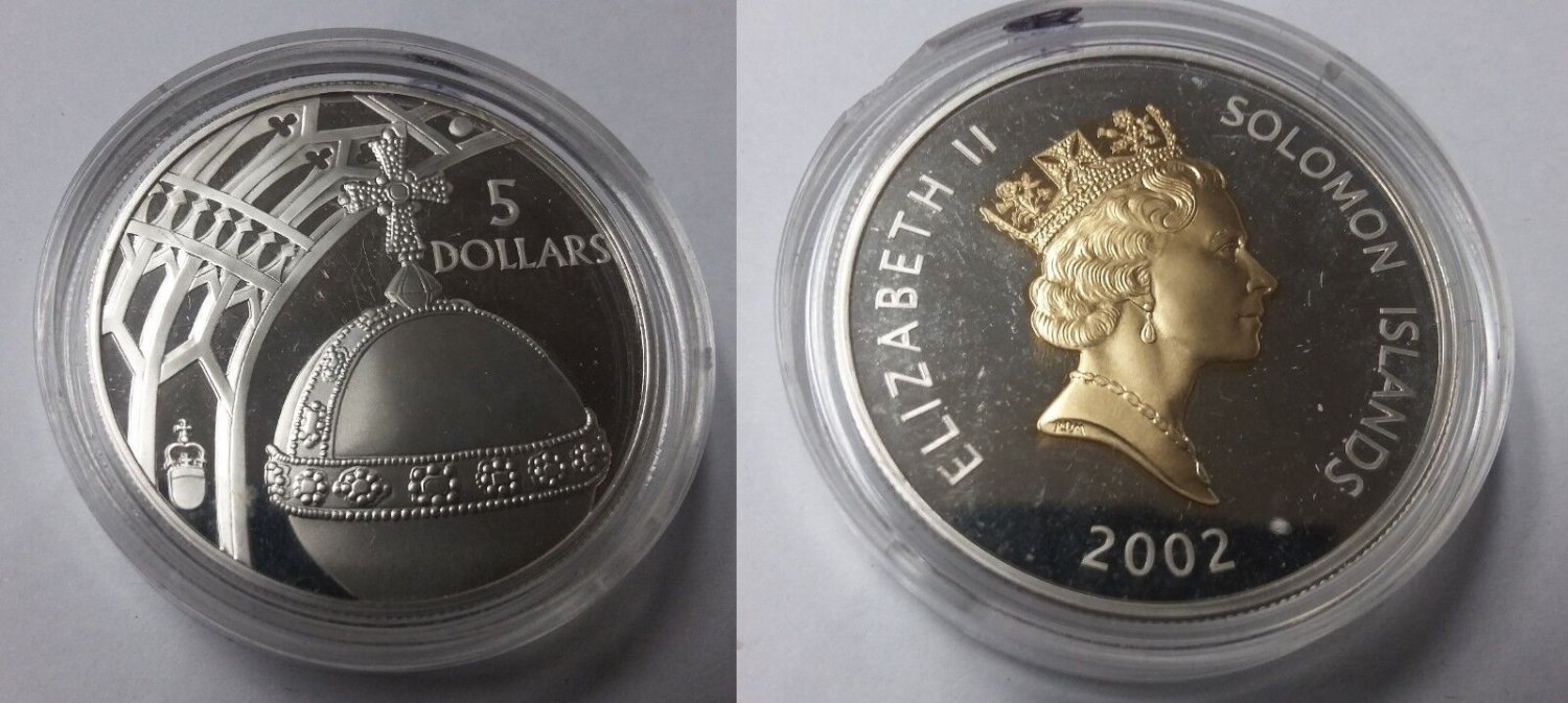 2002 Solomon Is Large Gilt Silver Proof $5-Royal Orb