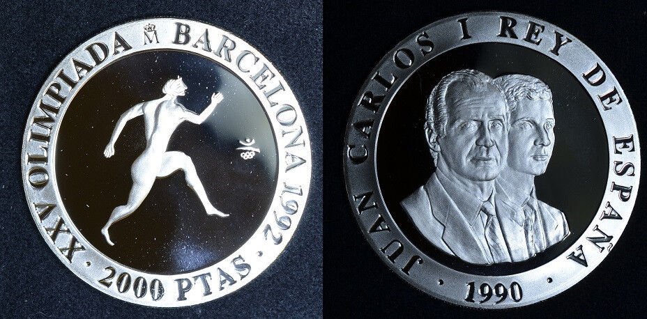 1990 Spain Large  silver Proof 2000 Pesetas-Ancient Olympic Runner