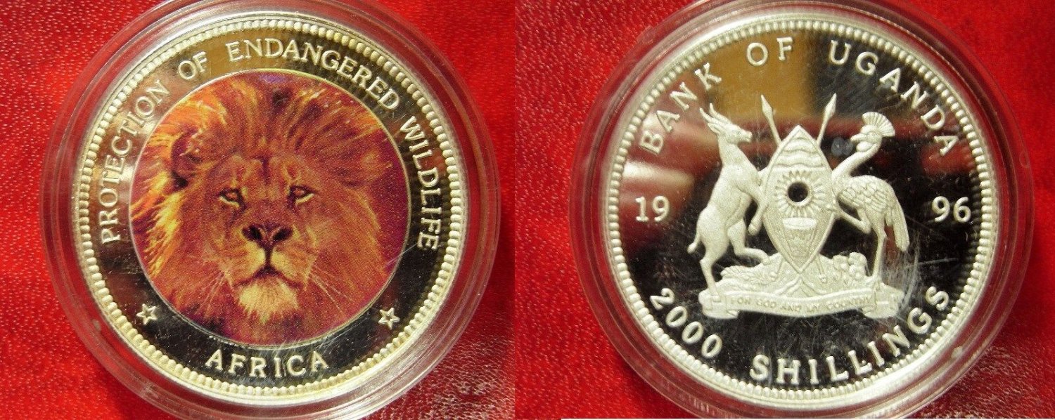1996 Uganda Large Silver Color Proof 2000 shillings- Lion