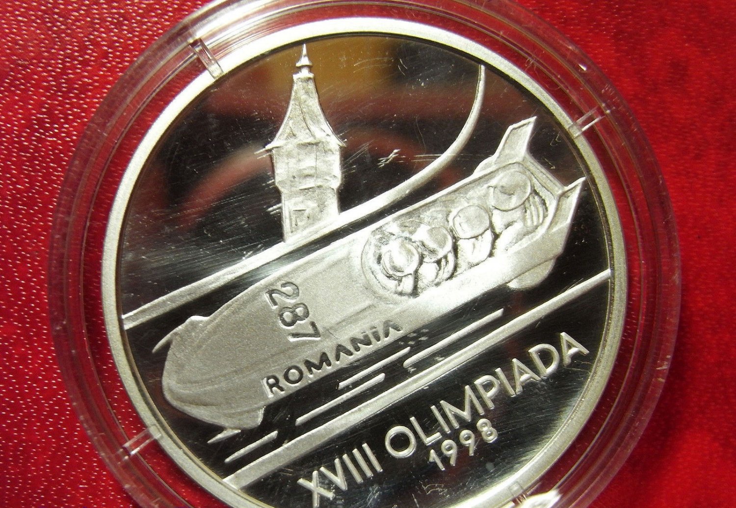 1998 Romania Large Silver Proof  100 Lei  Olympic Bobsled