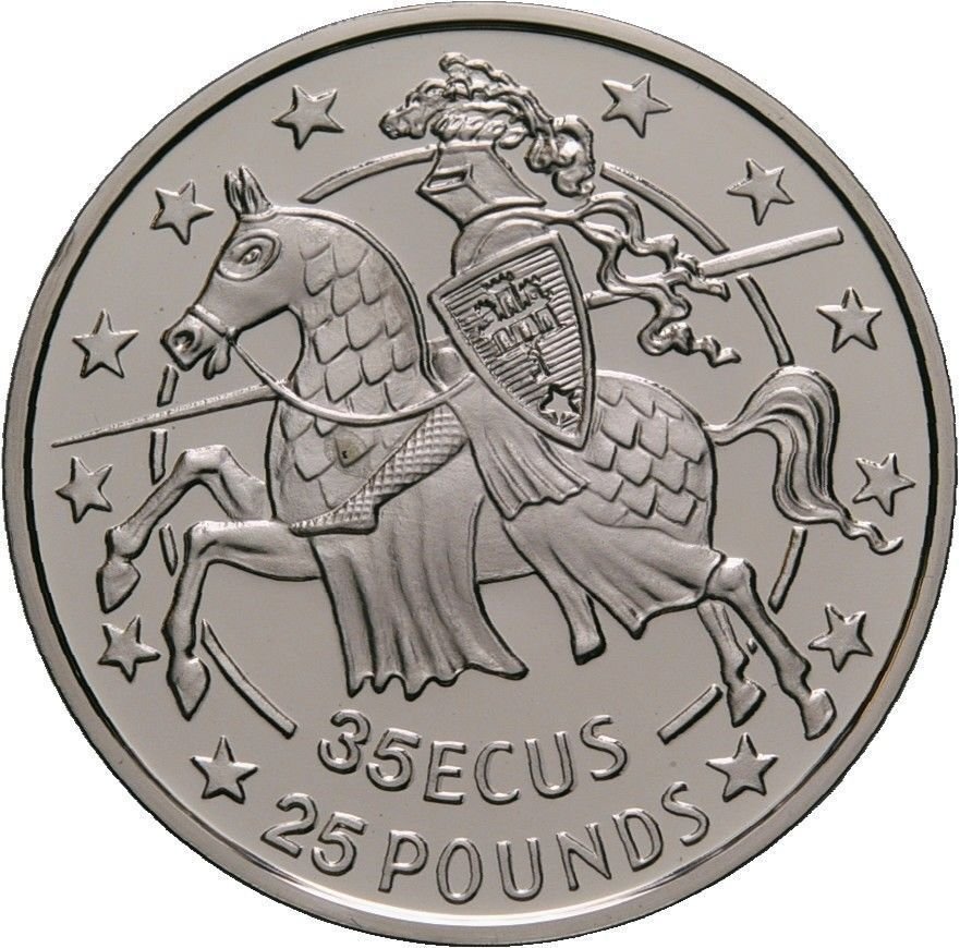 1991 Gibraltar Large Silver Proof 35 Ecu Knight in Armor on Horseback Charging