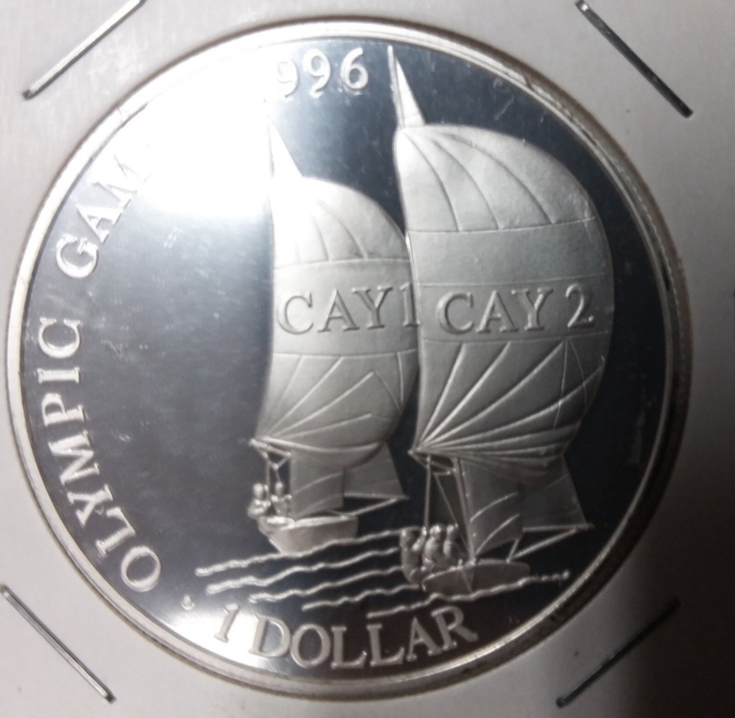 1996 Cayman Is Large silver Proof $1 Olympic Sailing