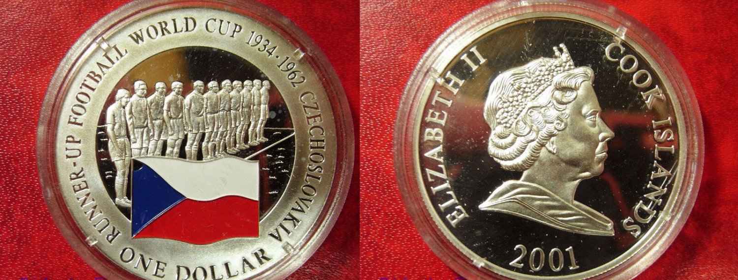 2001 Cook Is.Large Silver Proof  $1 World Cup Soccer Runner Up Czechoslovakia
