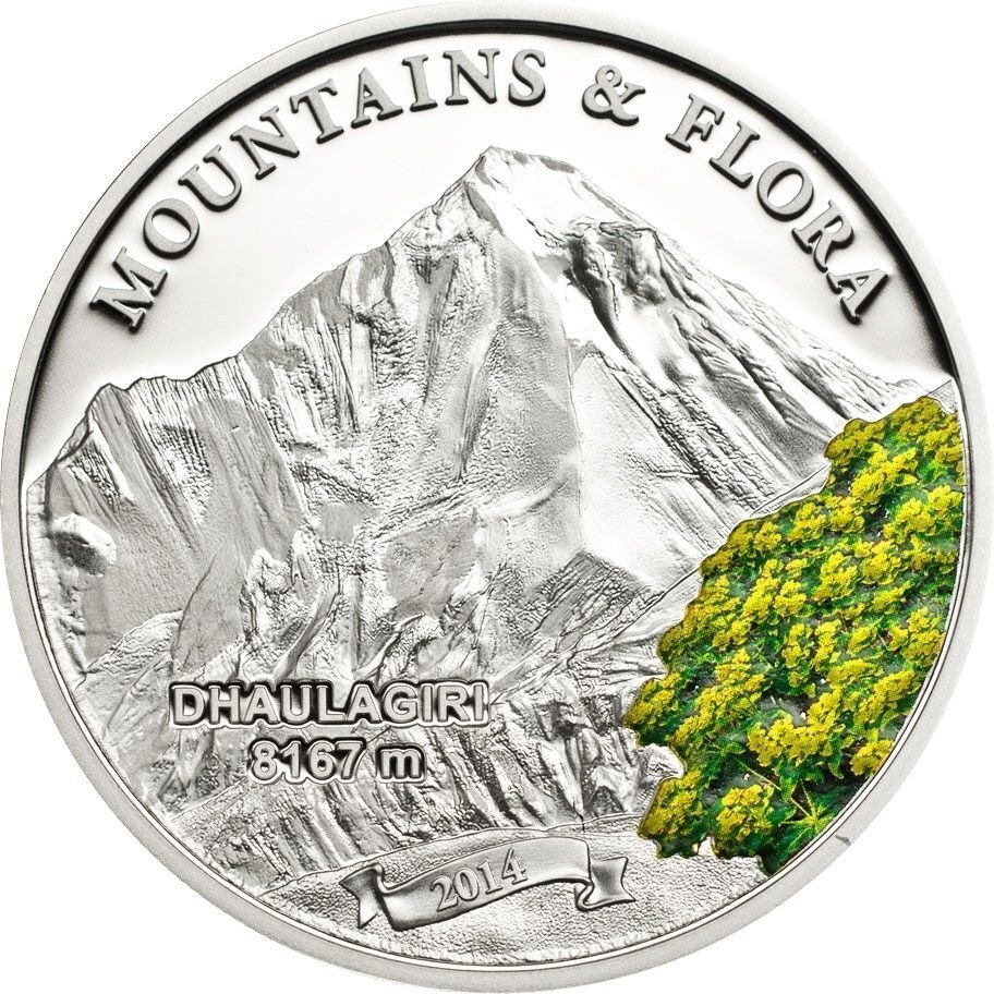 2014 Palau Large Silver Proof Color $5-Mountains & Flora Dhaulagiri