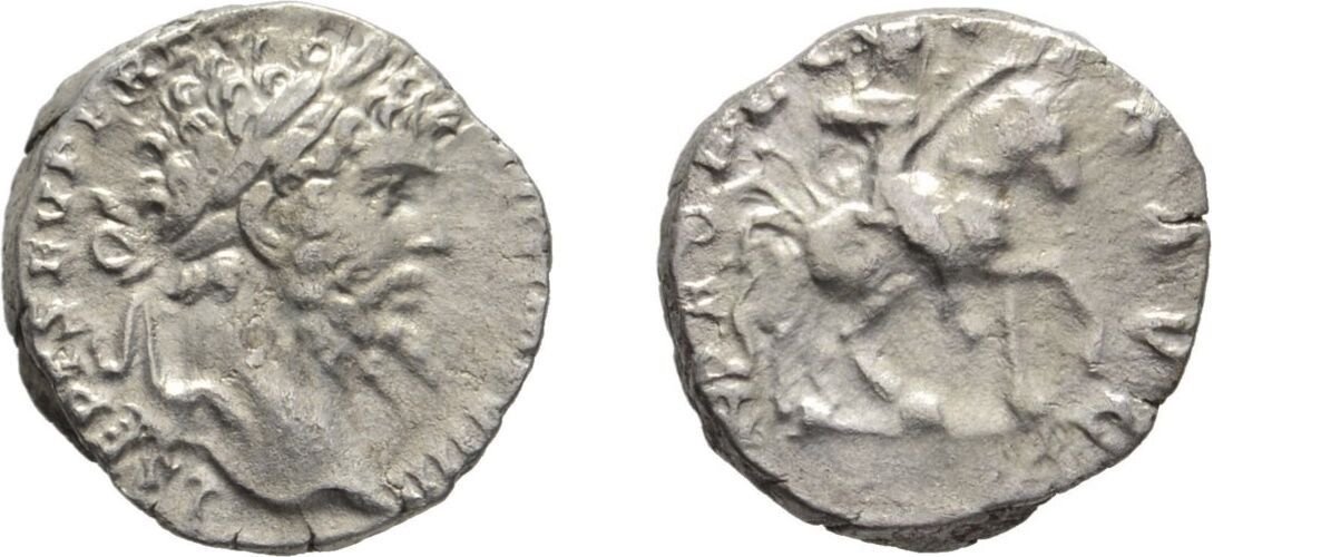 Ancient Rome Septimius Severus 197 AD SILVER DENARIUS LAODICEA HORSE SPEAR