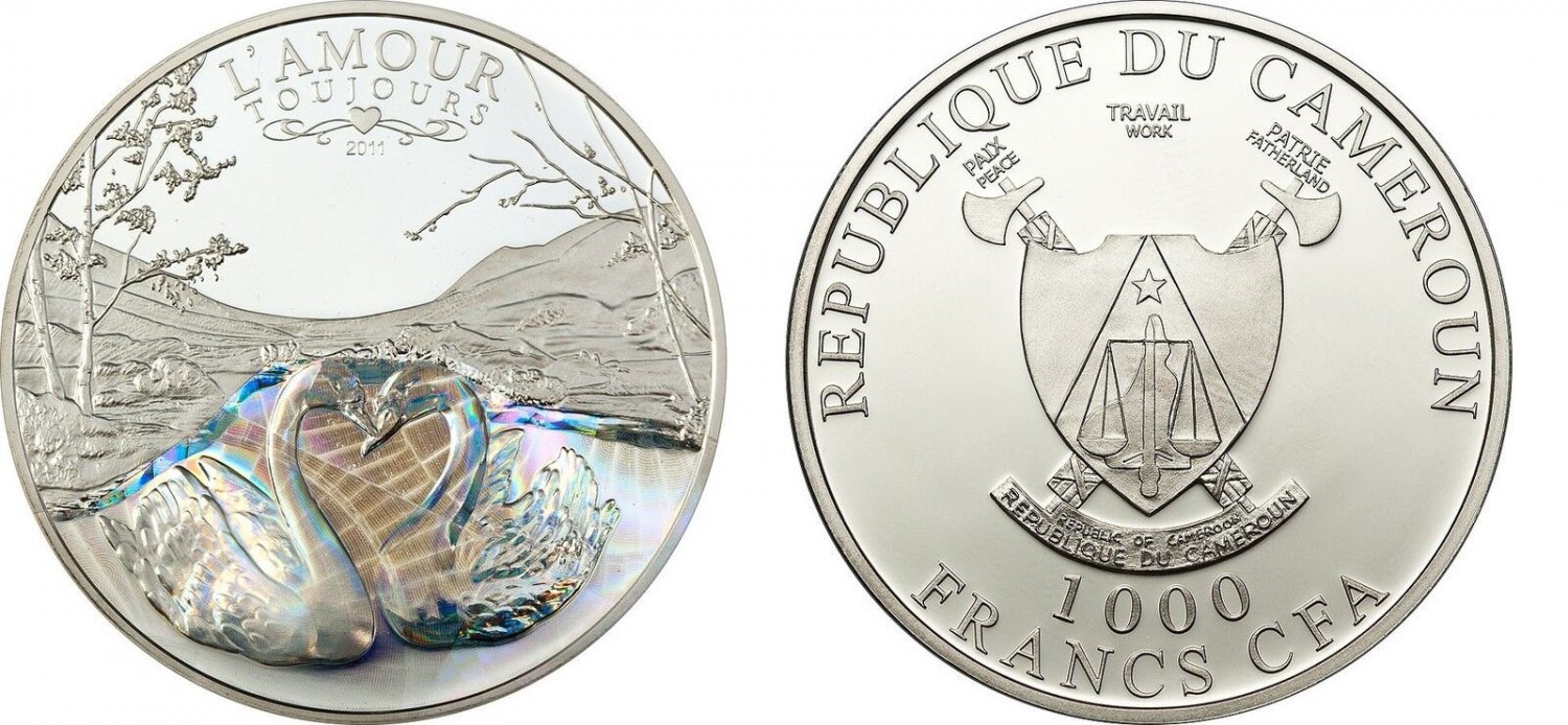 2011 Cameroon Large Silver Hologram Proof 1000 fr Swans Love Forever-L'Amour