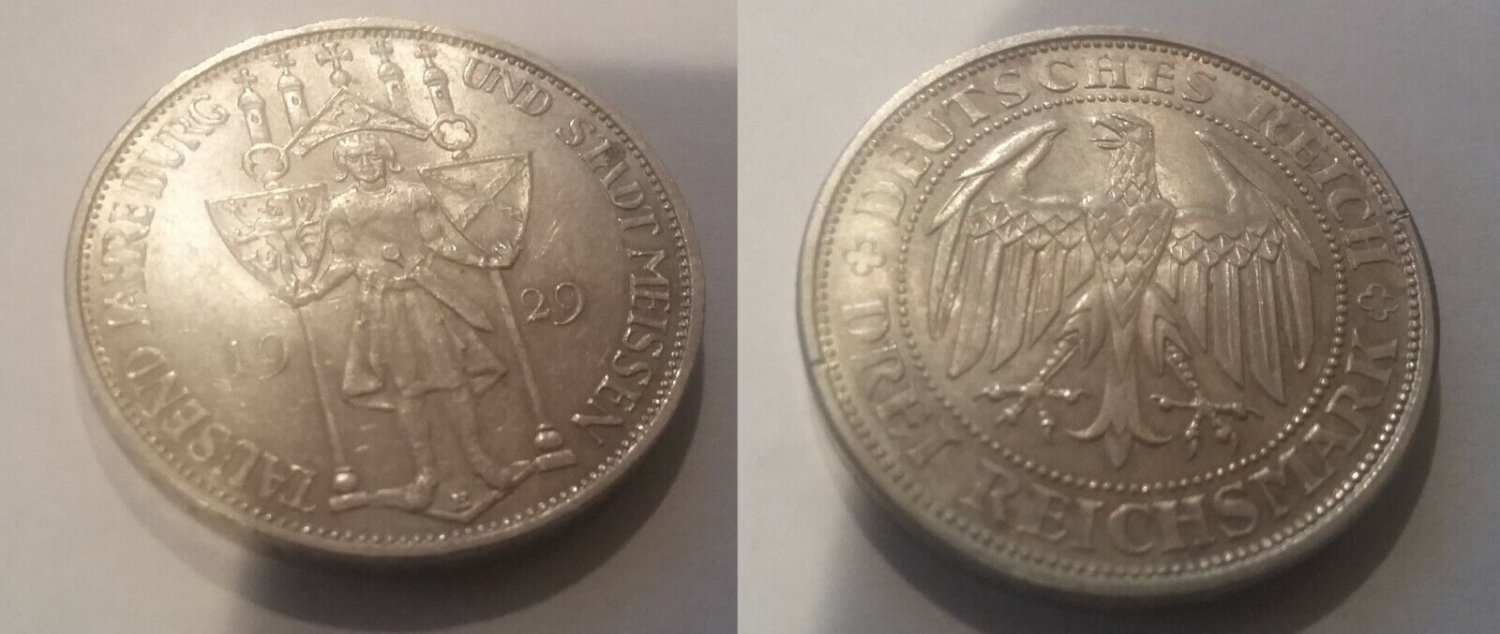 Rare 1929 E Germany Large Silver 3 marks-Meissen-Nice #2