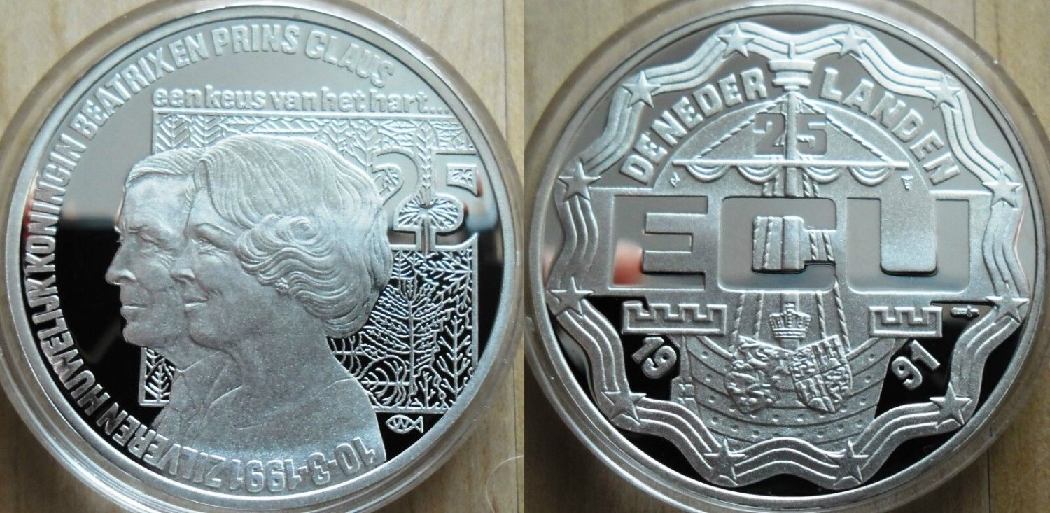 1991 Netherlands Large Proof Silver 25 Ecu  Beatrice w Prince Claus