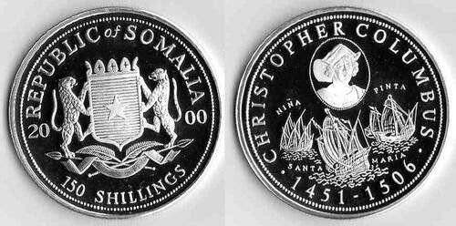 2000 Somalia Silver Proof 150 sh-Columbus/Sailing Ships:Santa Maria,Pinta,Nina