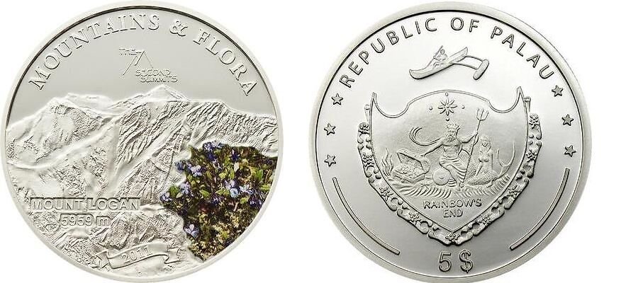 2011 Palau Large  Proof Color Silver $5 Flowers/Mount LOGAN