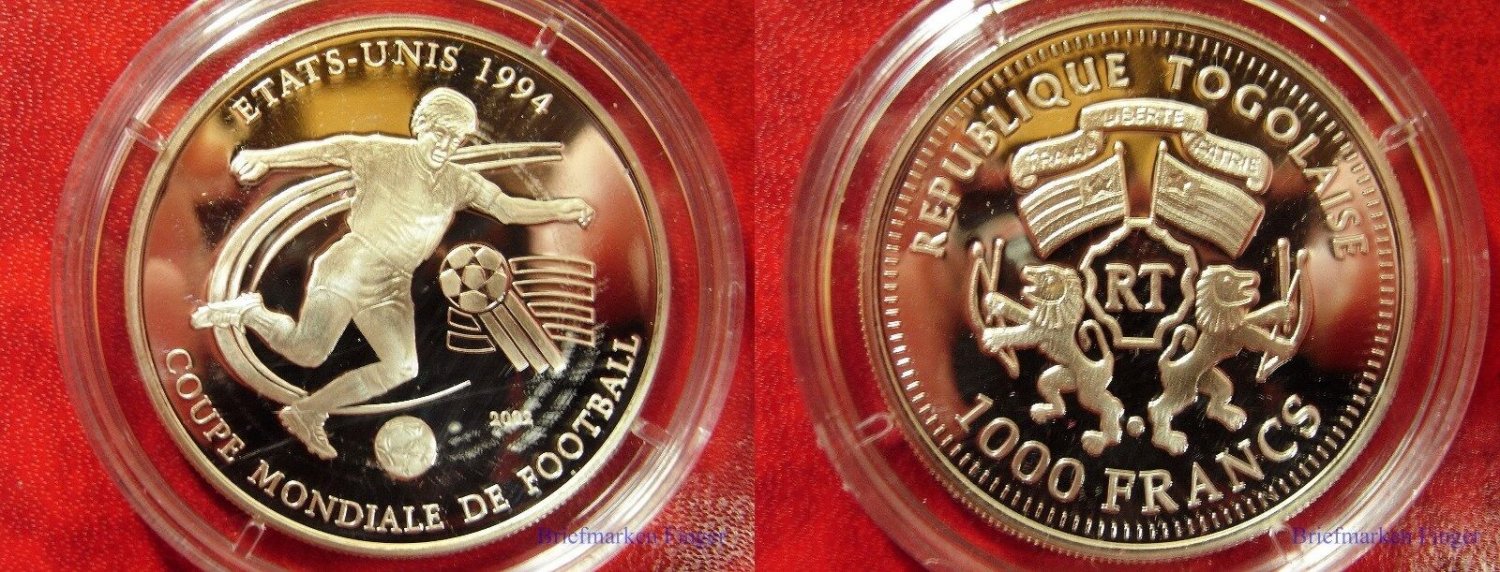 2002 Togo Large Silver Proof 1000 fr Soccer-USA 1994 World Cup